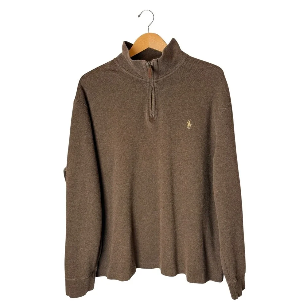 Polo‎ Ralph Lauren Quarter Zip Pullover Men XL Brown Cotton Preppy Logo Academia